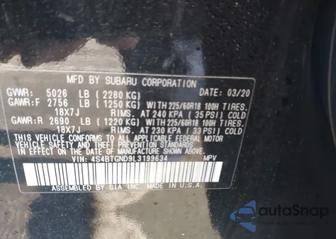 2020 Subaru Outback Limited Xt z USA, uszkodzony, nr VIN 4S4BTGND9L3199634